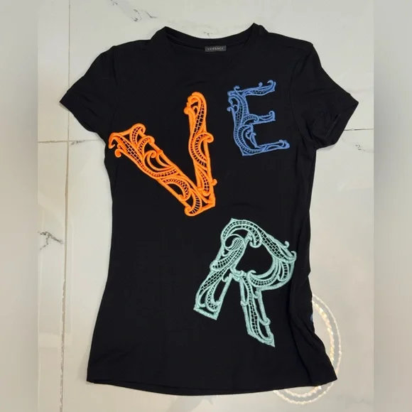 Versace Black Tee with Orange and Blue Accents - Picture 2 of 4